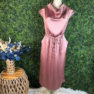NWOT bishop + young‎ mauve Rose Midi  satin Dress with Cowl Neck